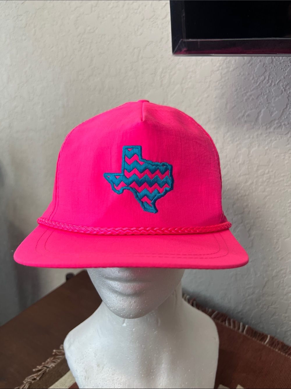 Vintage Neon Pink Chevron Texas Hat with Braided Rope